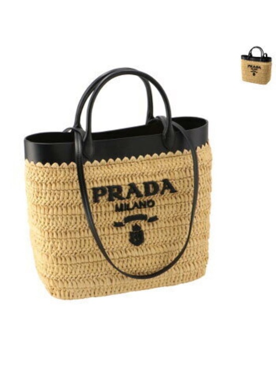 Prada Handbags - Prada Raffia Tote in Natural with Black Trim